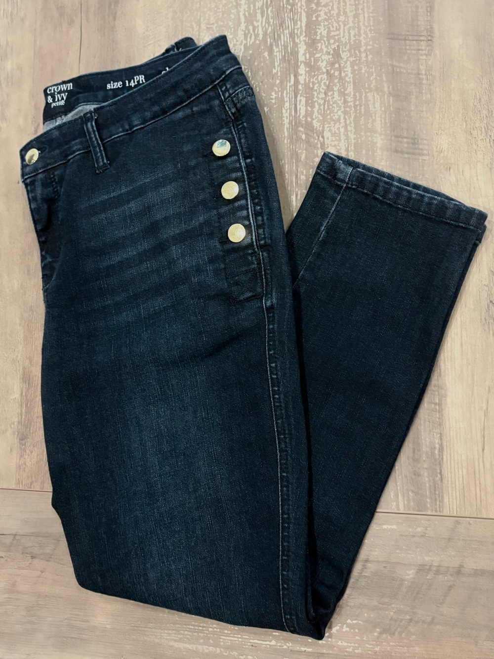 Crown & Ivy Dark Wash Embellished Metallic Button Skinny Jeans Size Petite 14 - Picture 14 of 14